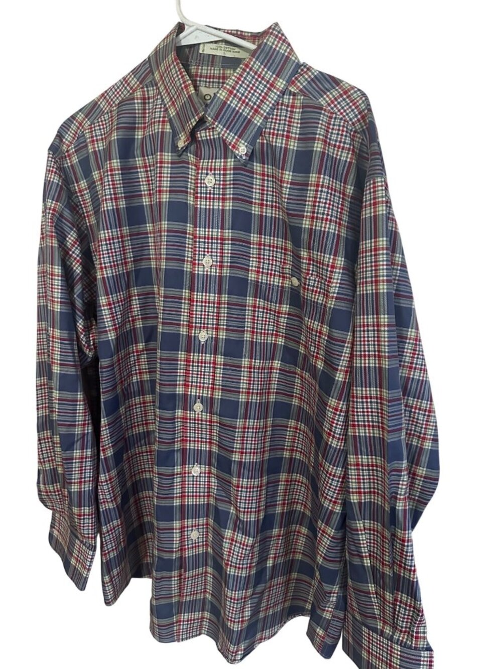 Orvis blue red white and green plaid cotton button up shirt size L